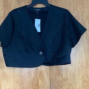 NWT Fashion Bug Black Satin Short Sleeve Cropped Jacket w/ bling Button szXL